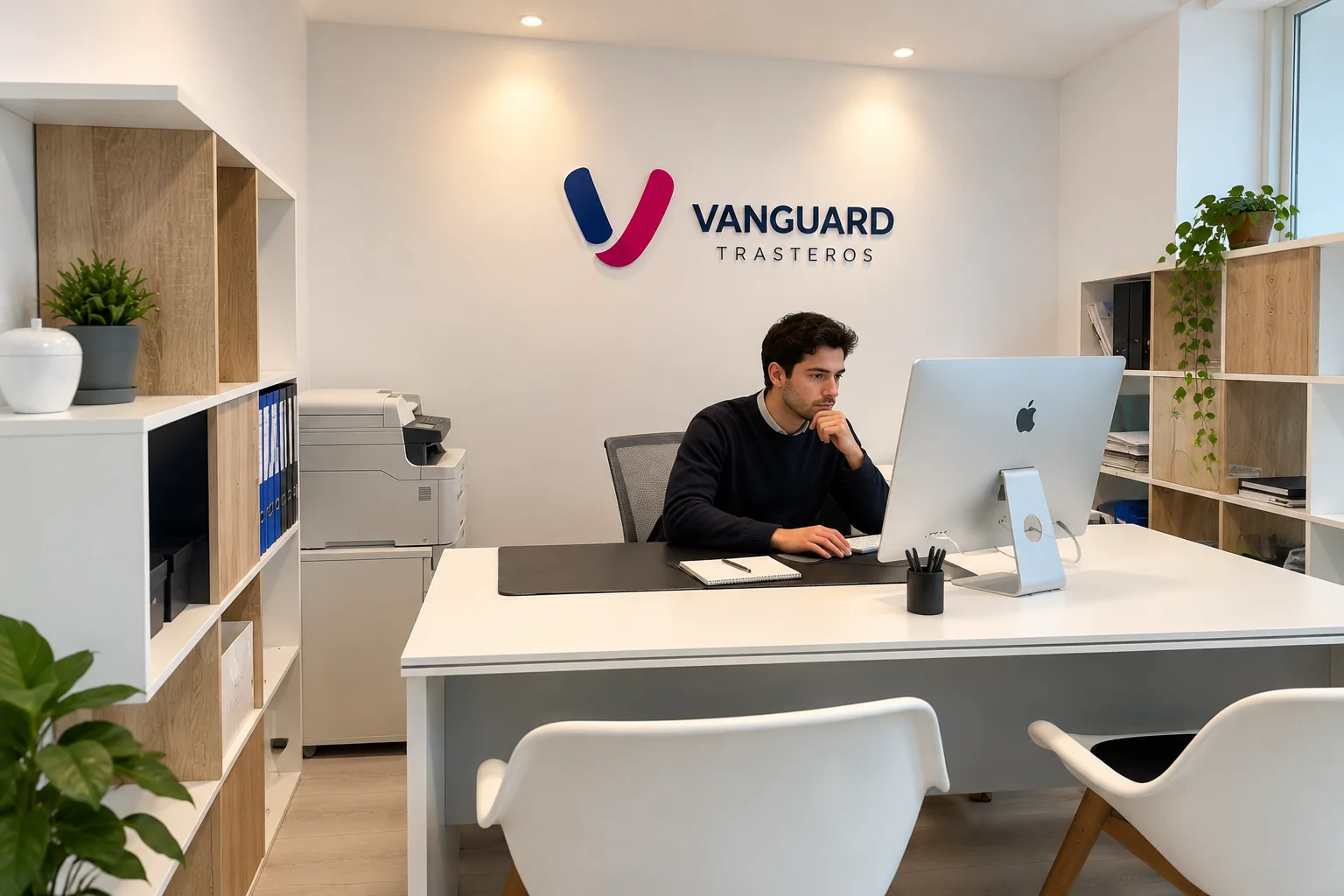 Oficina compartida de Trasteros Vanguard: puesto de trabajo con ordenador, escritorio blanco, estanterías de madera, impresora y el logotipo de Vanguard en la pared